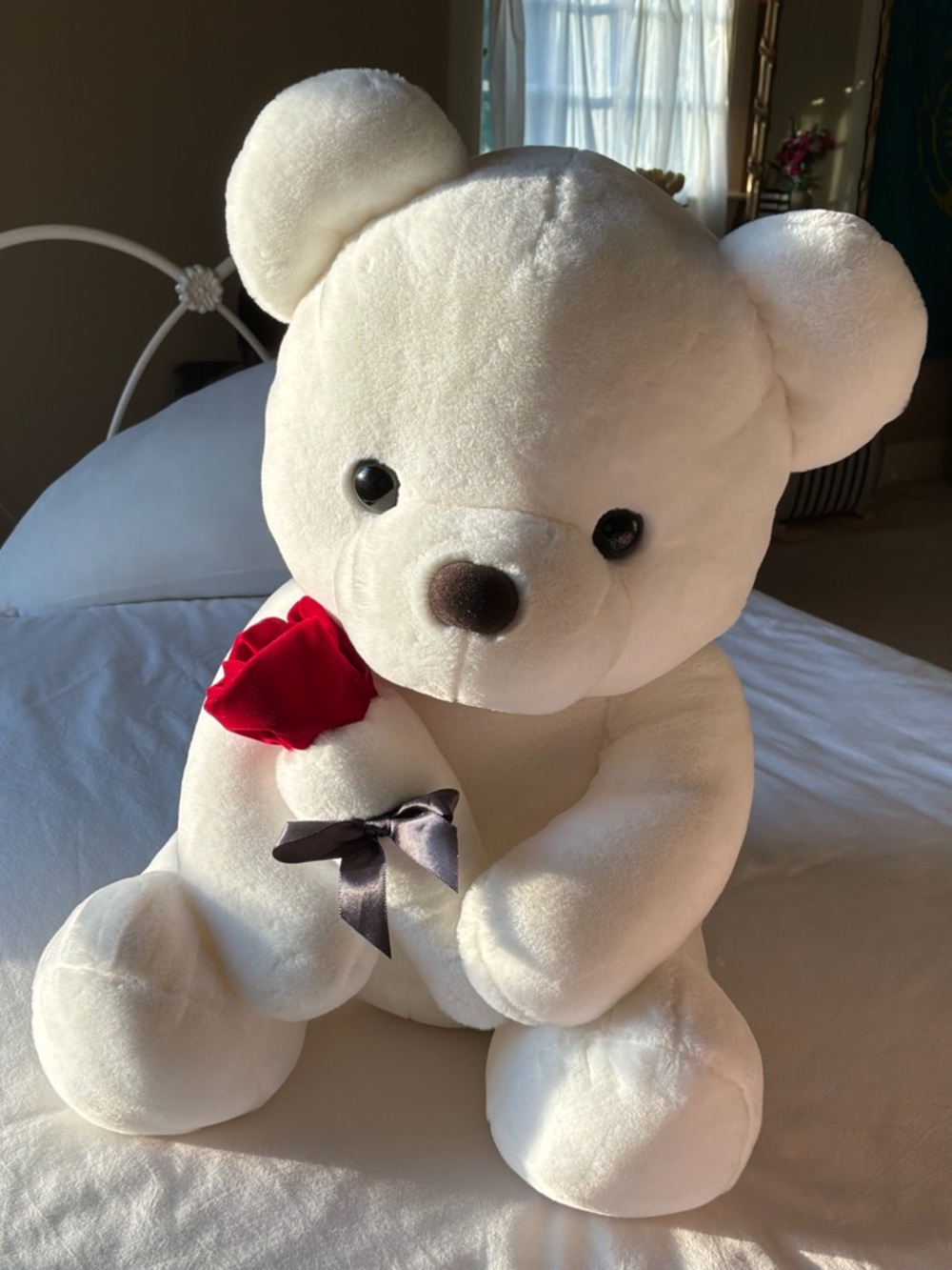 Plush White Teddy Bear with Red Heart and Gray Bow - Cute Kids Stuffed Animal